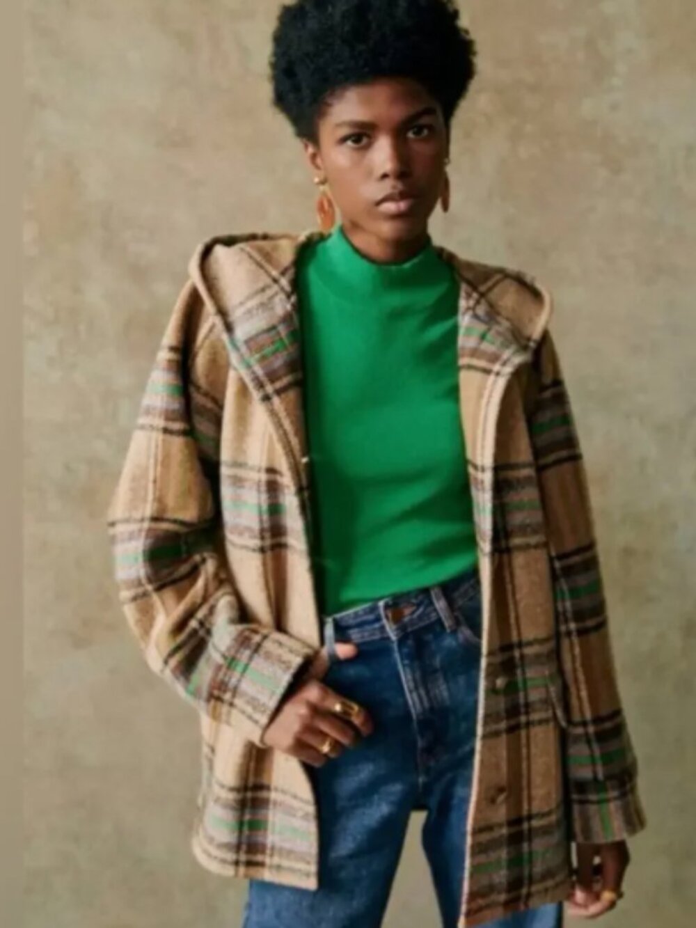 Sezane Suzon Coat Jacket Hood Multicolored Taupe Wool Blend Plaid Size XS